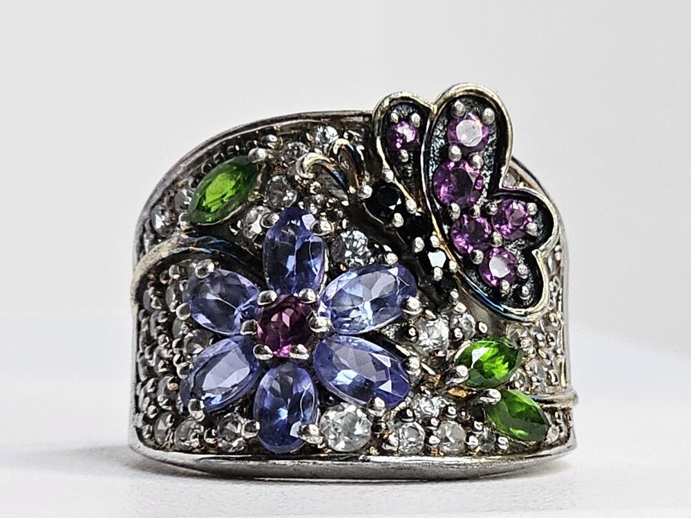 925 Sterling Silver Multi-gemstone - Flower & Butterfly Design Ring (Heavy Wear)